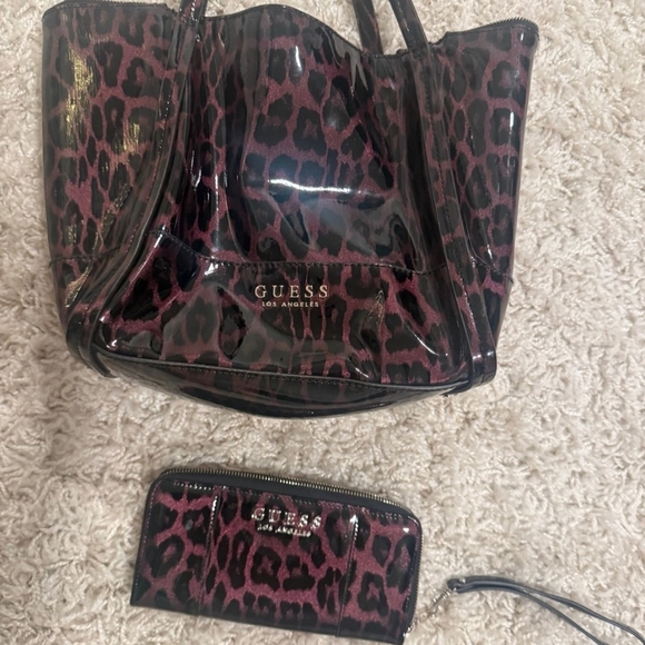 Guess Handbags - GUESS Animal Print Tote and Wallet - Purple and Black